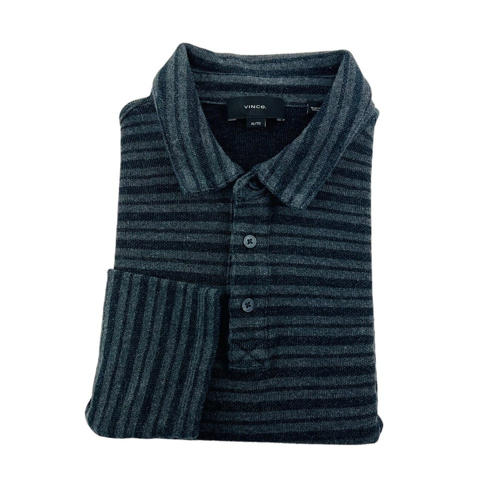 Vince.‎ Gray Stripe Long Sleeve Cotton Polo Shirt Mens Size XL